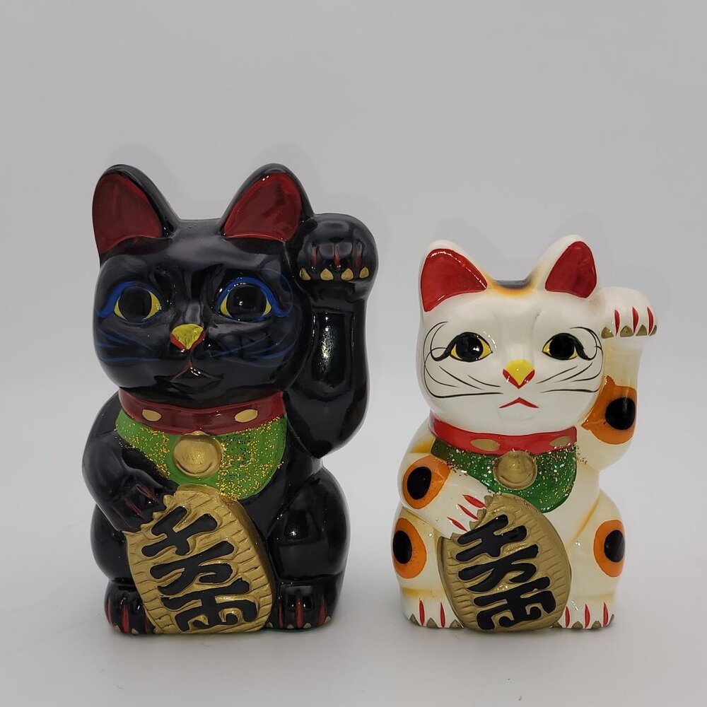 Set Of 2 Ceramic Maneki Neko Lucky Cat Coin Banks